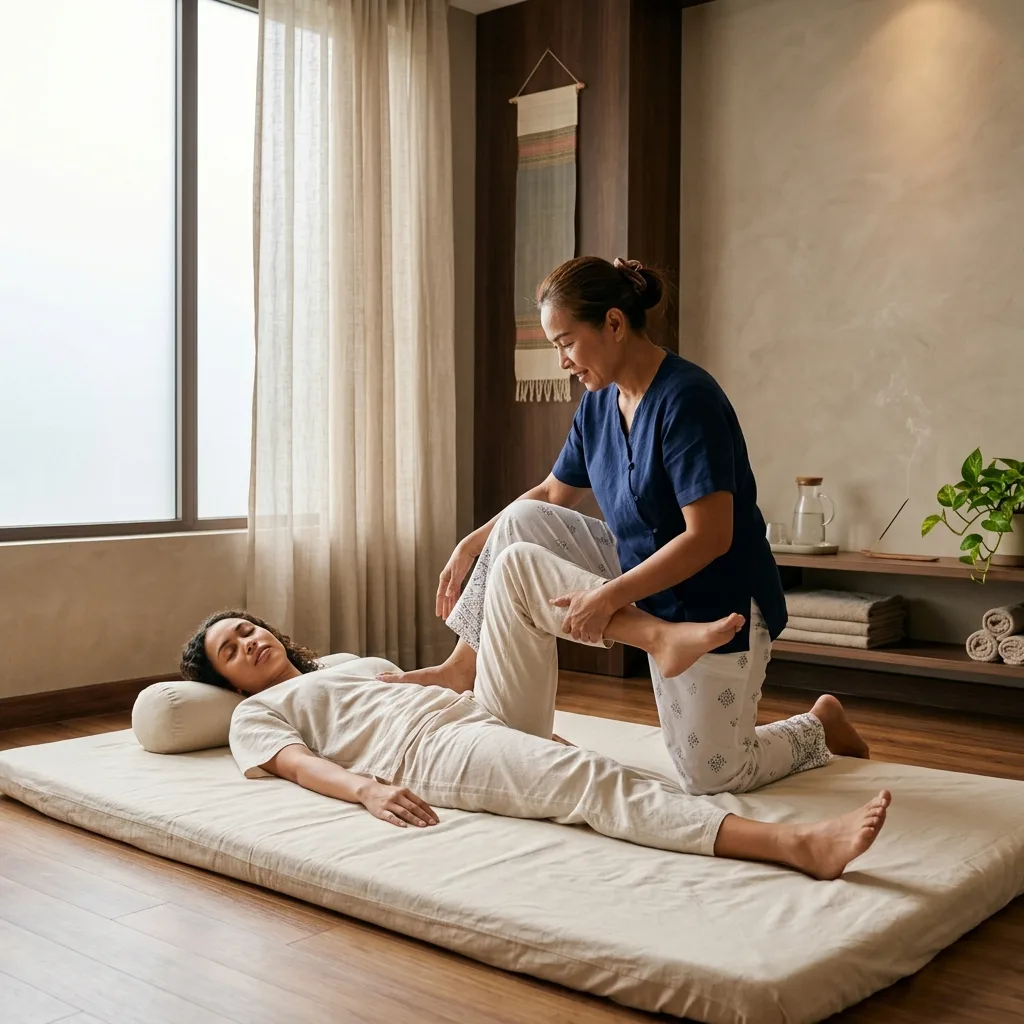 A massage therapist performing a Thai massage on a client at Ahana Spa in Neknampur, Hyderabad